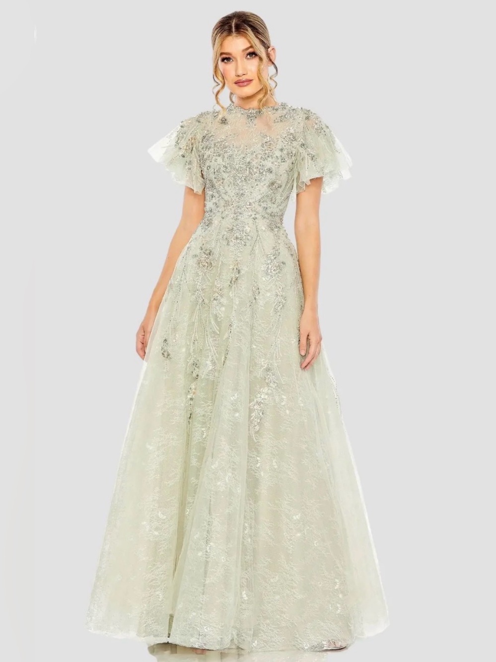 Mac Duggal NWT Green Embroidered Tulle Flutter Sleeve A-line Gown